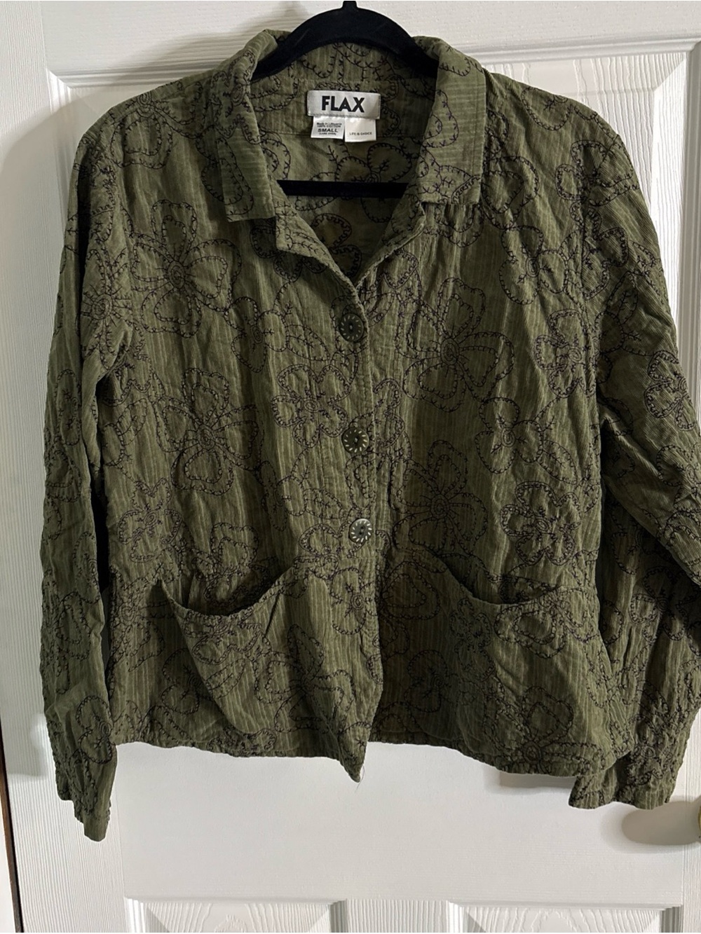 Women’s FLAX Embroidered Corduroy Floral Shirt Jacket Green Small Langenlook